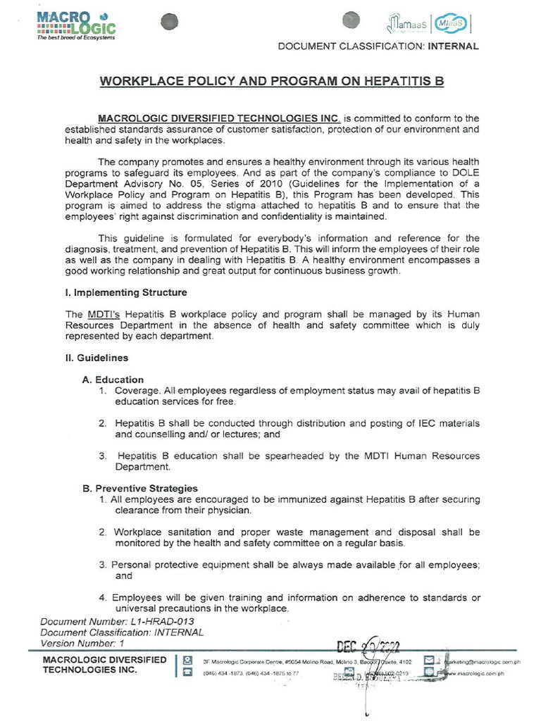 L1-HRD-013 Workplace Policy and Program On Hepatitis B | PDF