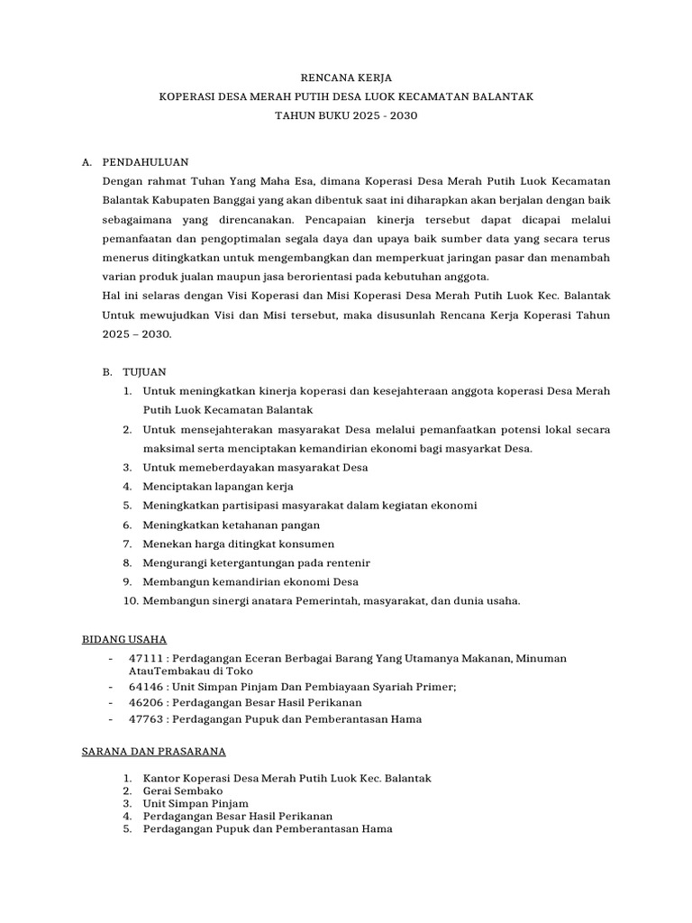 Rencana Kerja Koperasi Desa Luok 2025-2030 | PDF