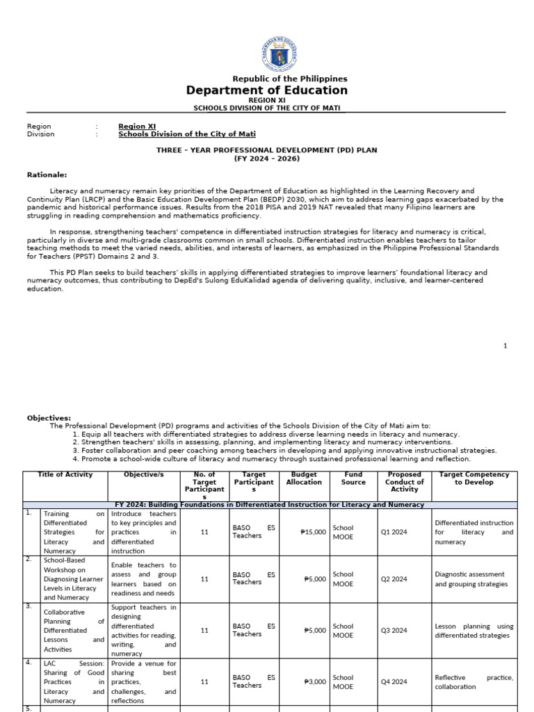 Three-Year PD Plan for Literacy & Numeracy | PDF | Differentiated ...
