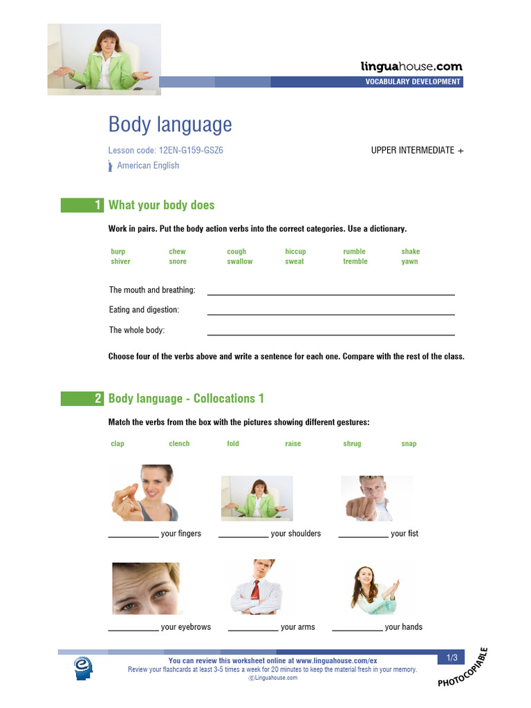 Body Language Vocabulary Worksheet | PDF | Body Language | Linguistics
