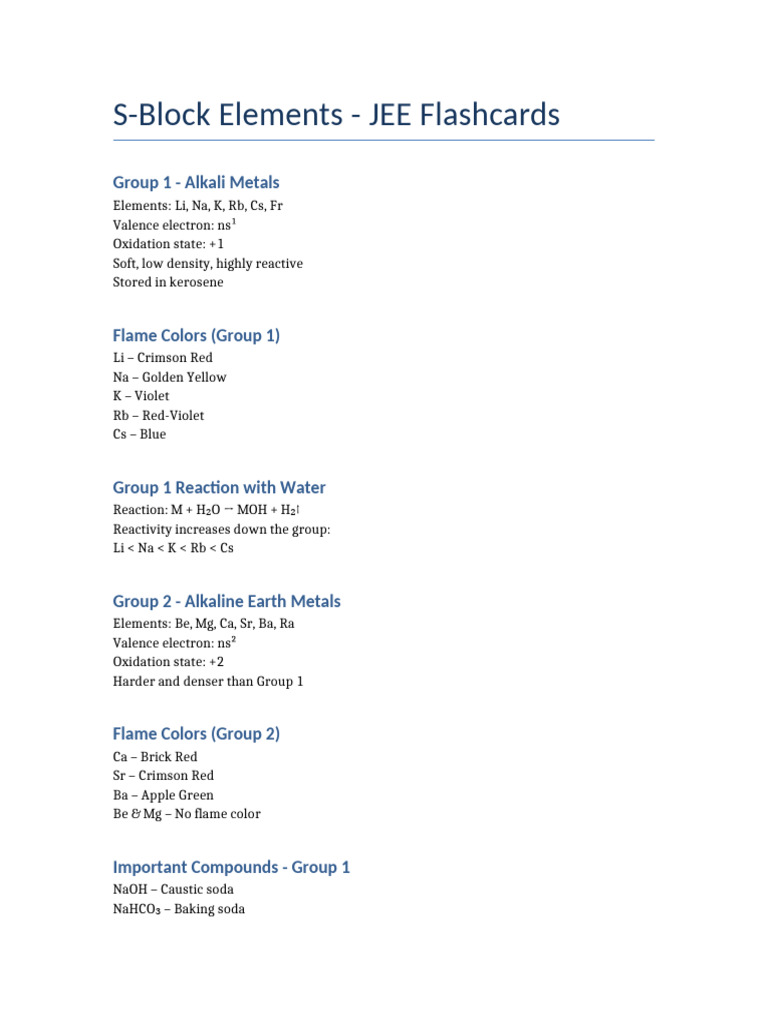 S-Block JEE Flashcards | PDF