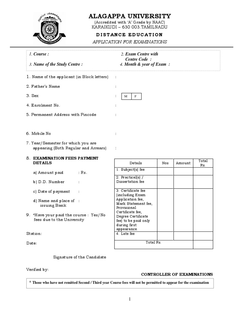 Alagappa University Distance Exam Application | PDF | Business