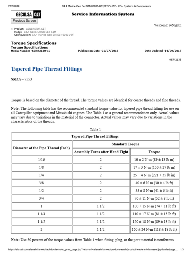 C4.4 Marine Gen Set S1M00001-UP (SEBP4152 - 72) - Tapered Pipe Thread ...