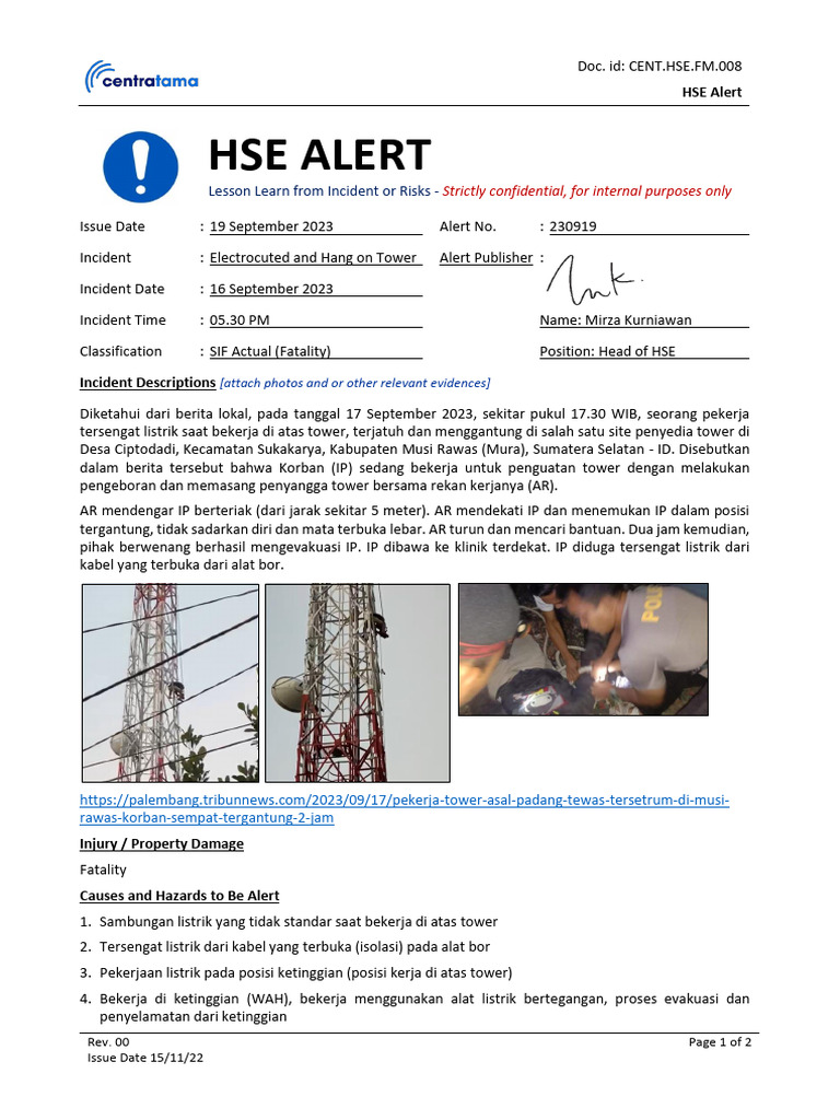 HSE Alert: Kematian Akibat Sengatan Listrik | PDF