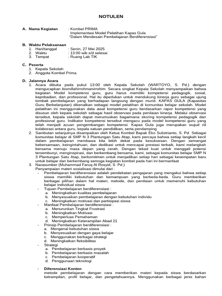 Notulen Kegiatan Kombel PRIMA | PDF