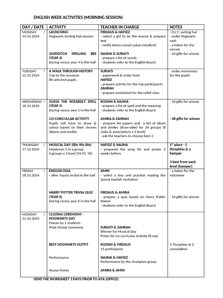 English Week Activities Schedule 2024 | PDF | Mythography | Harry Potter