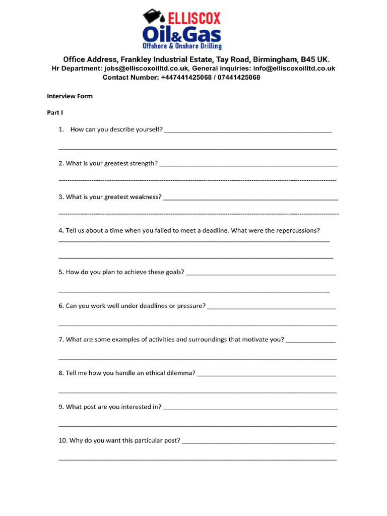 Elliscox Oil & Gas Interview Form | PDF