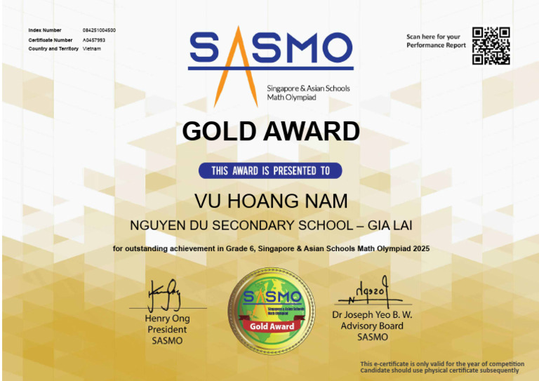 SASMO 2025 Gold Award Certificate | PDF