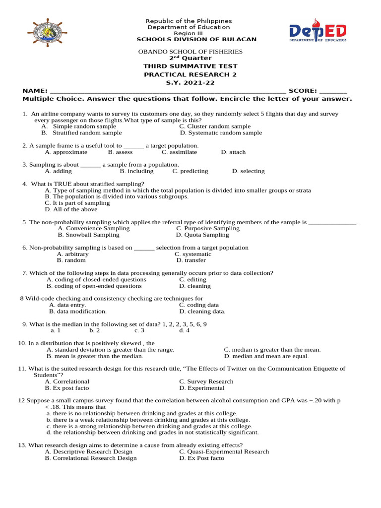 2ND Quarter Third Summative Test Prac - Res. | PDF | Sampling ...