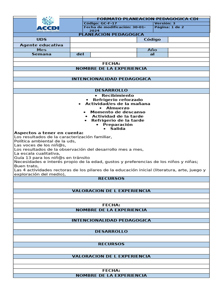 Formato de Planeacion Pedagogica Cdi | PDF | Aprendizaje | Cognición