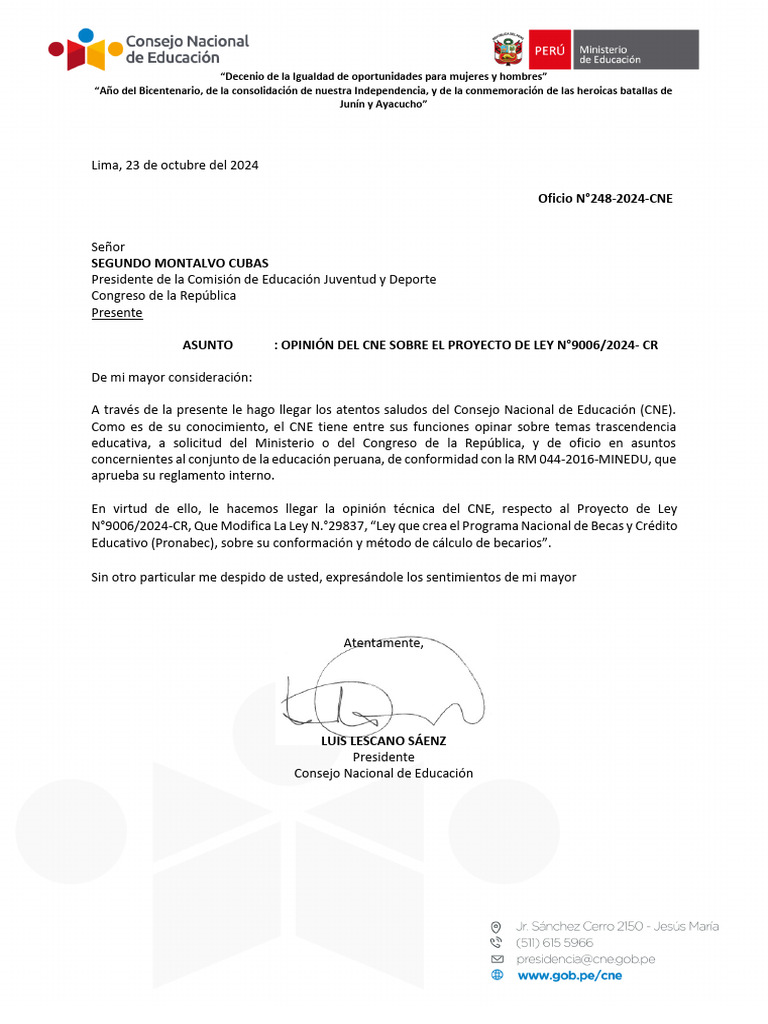 Opinion Del Cne Sobre El Proyecto de Ley N 9006 2024 CR | PDF ...