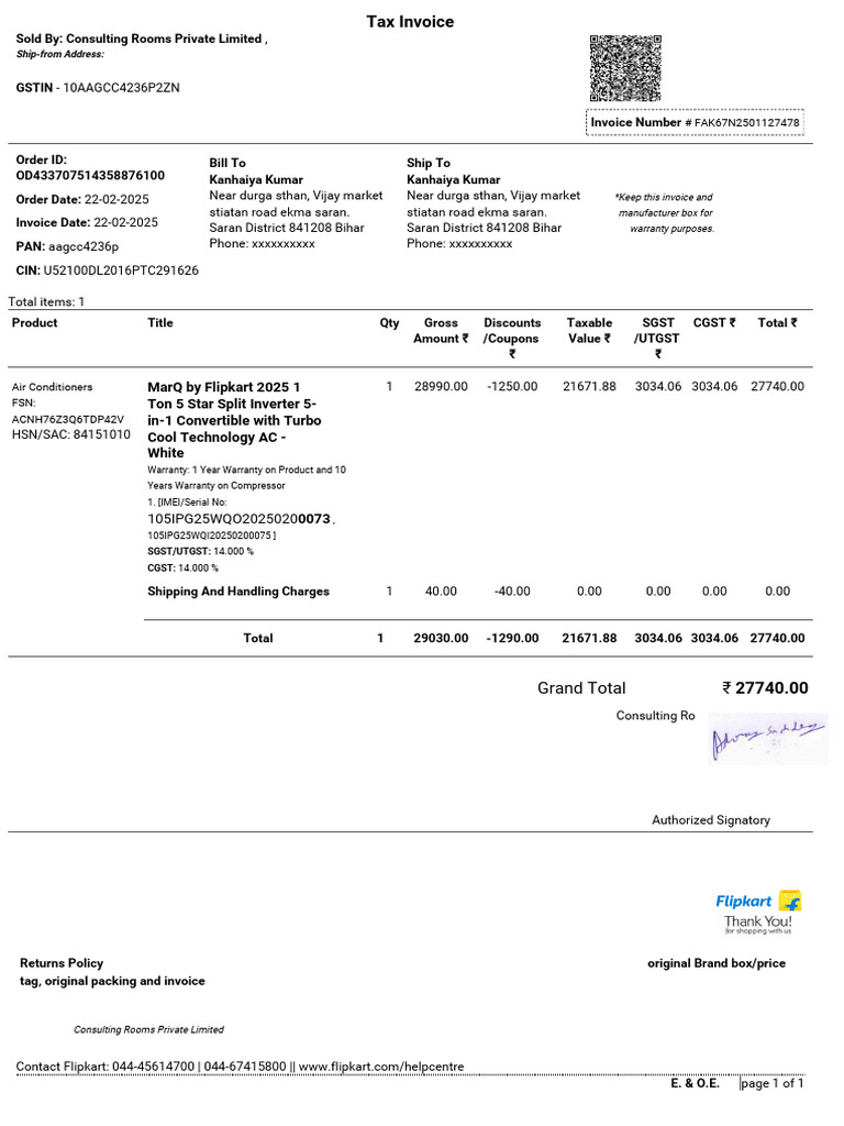Invoice for Air Conditioner Purchase | PDF | Payments | Taxes