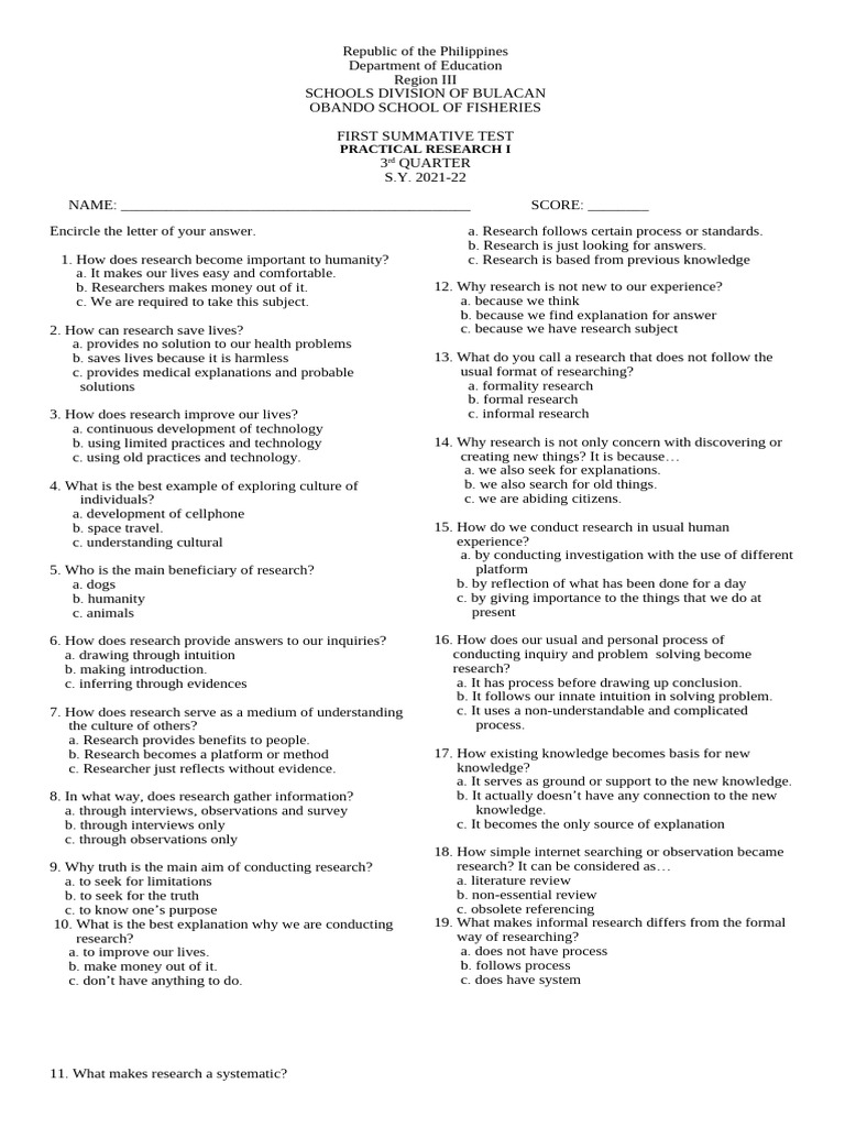 3rd QUARTER FIRST SUMMATIVE TEST PRACTICAL RESEARCH1 | PDF | Knowledge ...