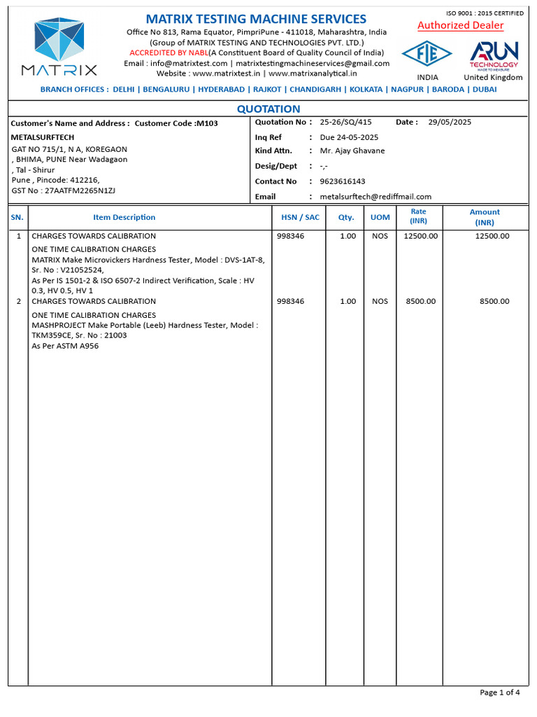 Calibration Quotation for Matrix Testing | PDF