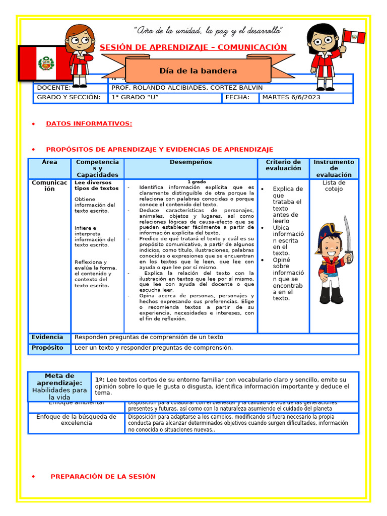 Iii E4 S3 Sesión D4 Plan Lector Dia de La Bandera | PDF | Aprendizaje ...