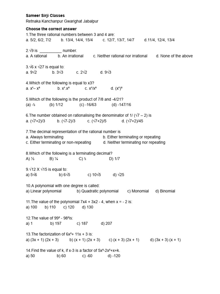 Irrational Numbers and Rationality Worksheet | PDF | Rational Number ...