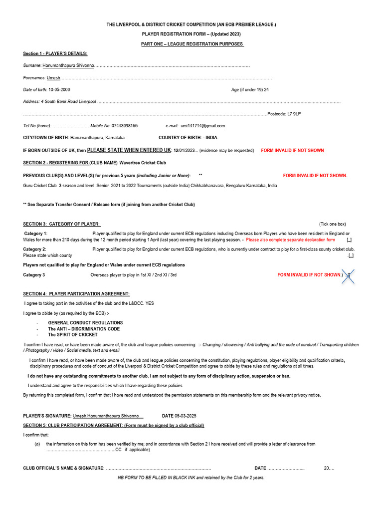 Wavertree Cricket Club Registration Form | PDF | Disability