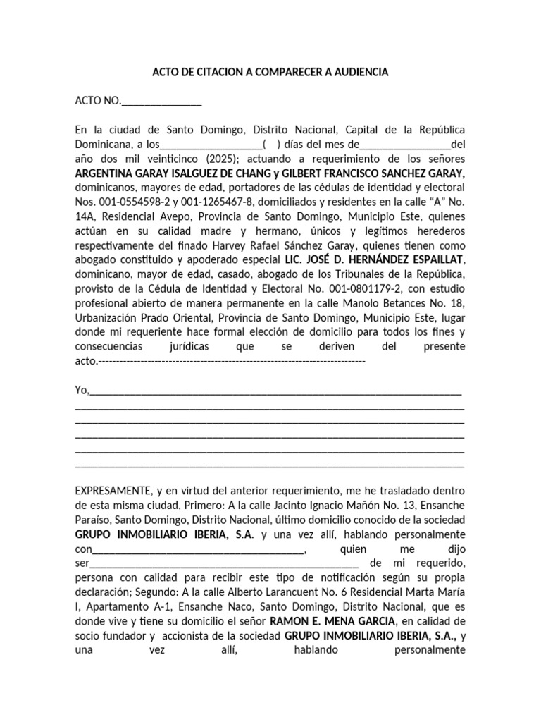 Acto de Citacion A Comparecer A Audiencia Grupo Inmobiliario Iberia ...