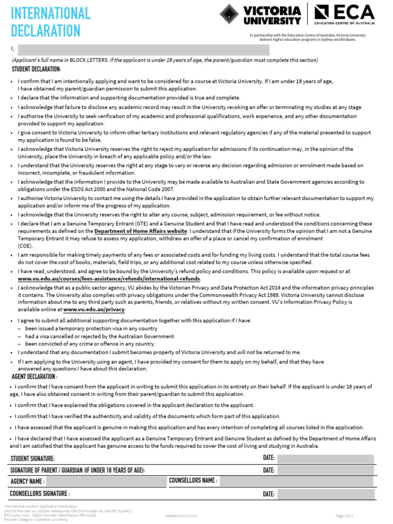 Victoria University International Application Declaration | PDF | Cost ...