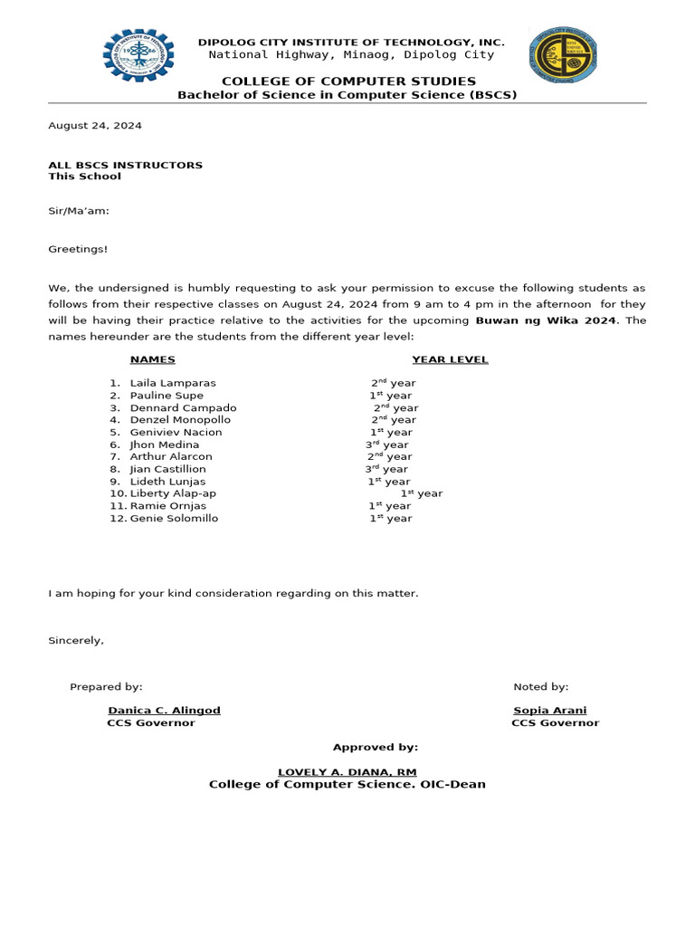BSCS Students' Class Excusal Request | PDF