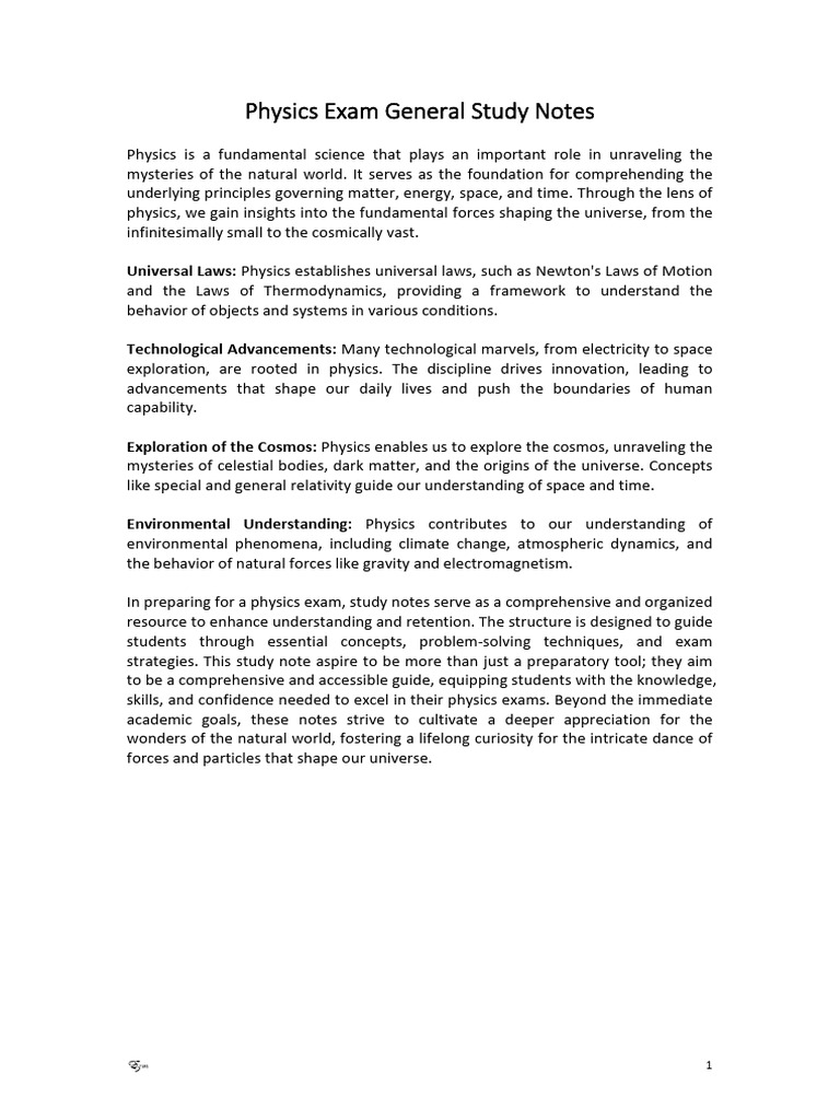 Physics Exam General Study Notes Pdf Force Quantum Mechanics
