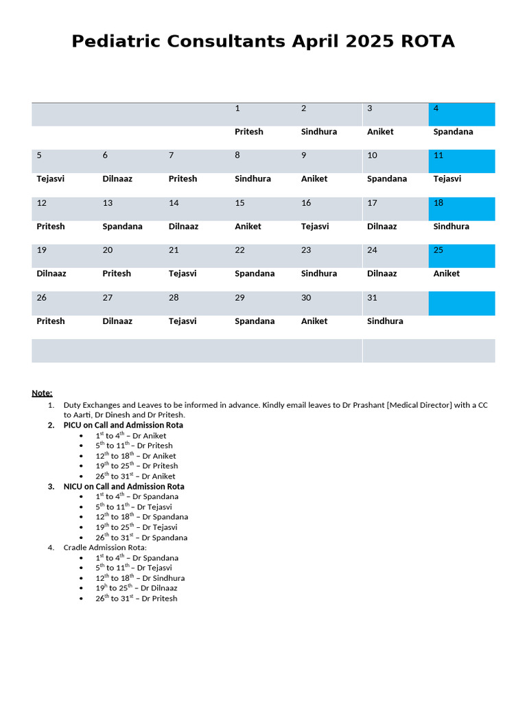 Pediatric Consultants April 2025 Rota | PDF