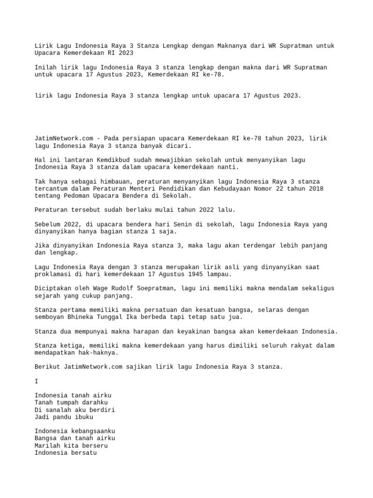 Lirik Lengkap Indonesia Raya 3 Stanza | PDF