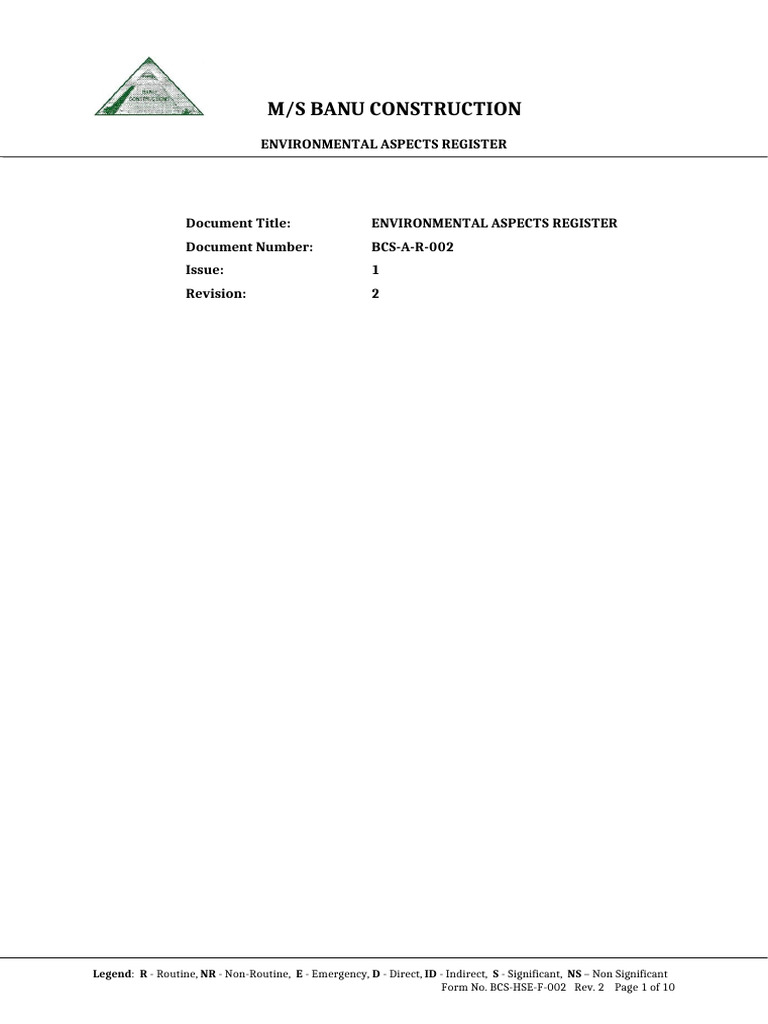 AGW A R 002-1-0 Environmental Aspects Register | PDF | Waste | Waste ...