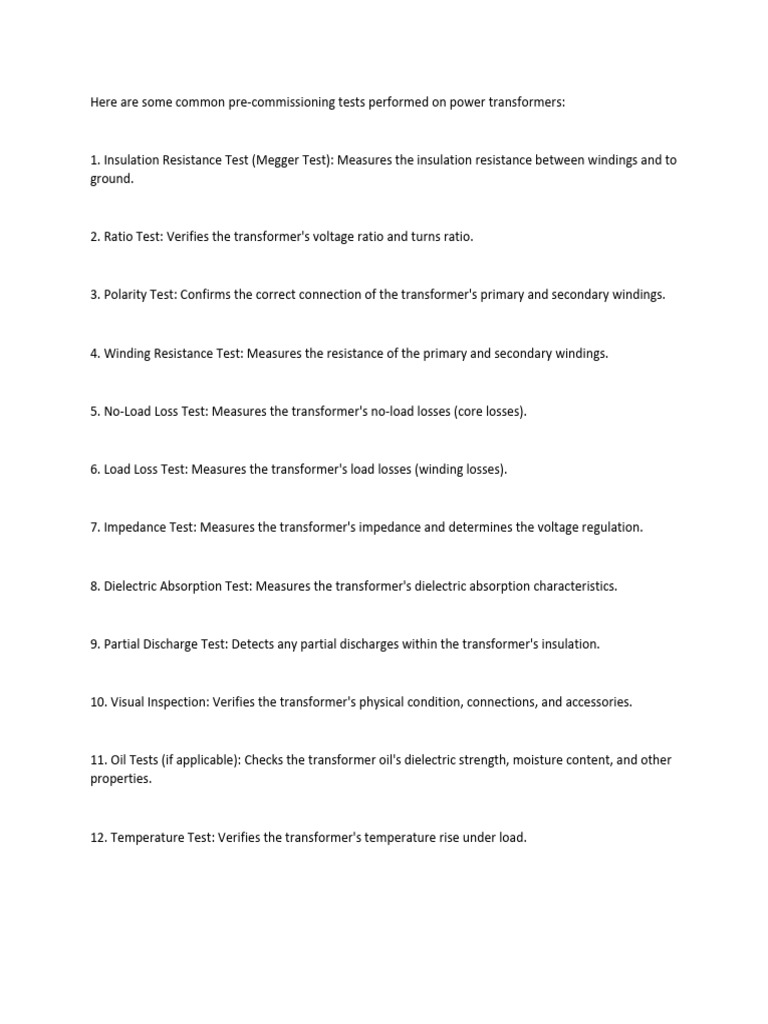 Pre-Commissioning Tests for Transformers | PDF