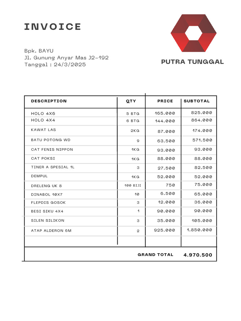 Rincian Invoice Pembelian Material 2025 | PDF