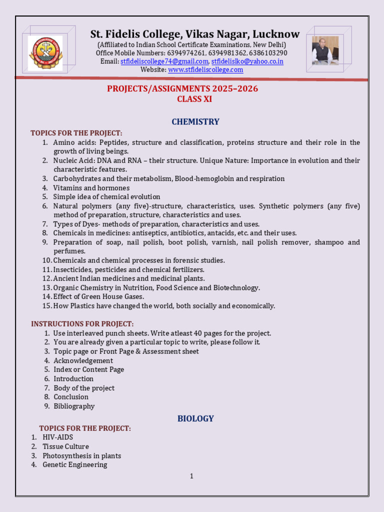 Class 11 Project Guidelines and Topics | PDF | Nucleic Acids | Metabolism