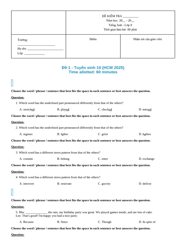 English Test Paper for Grade 9 Students | PDF | English Language | Question