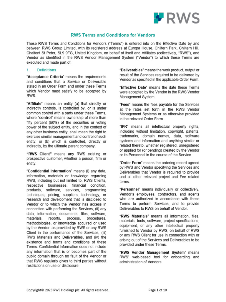 RWS Vendor Terms and Conditions | PDF | Indemnity | Legal Liability