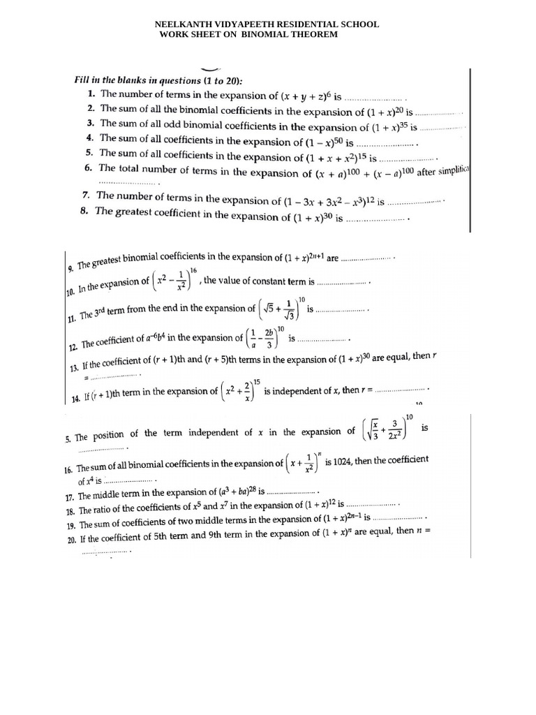 Binomial Theorem Fill in The Blanks 01 | PDF