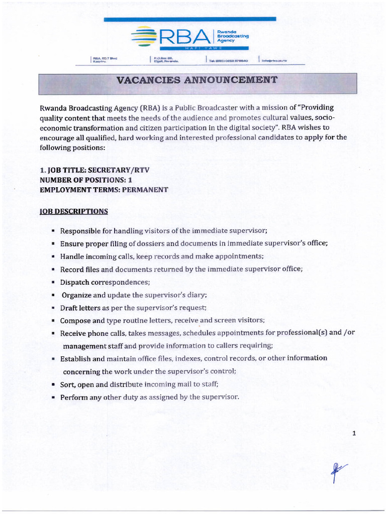 Job Announcemen Rba | PDF