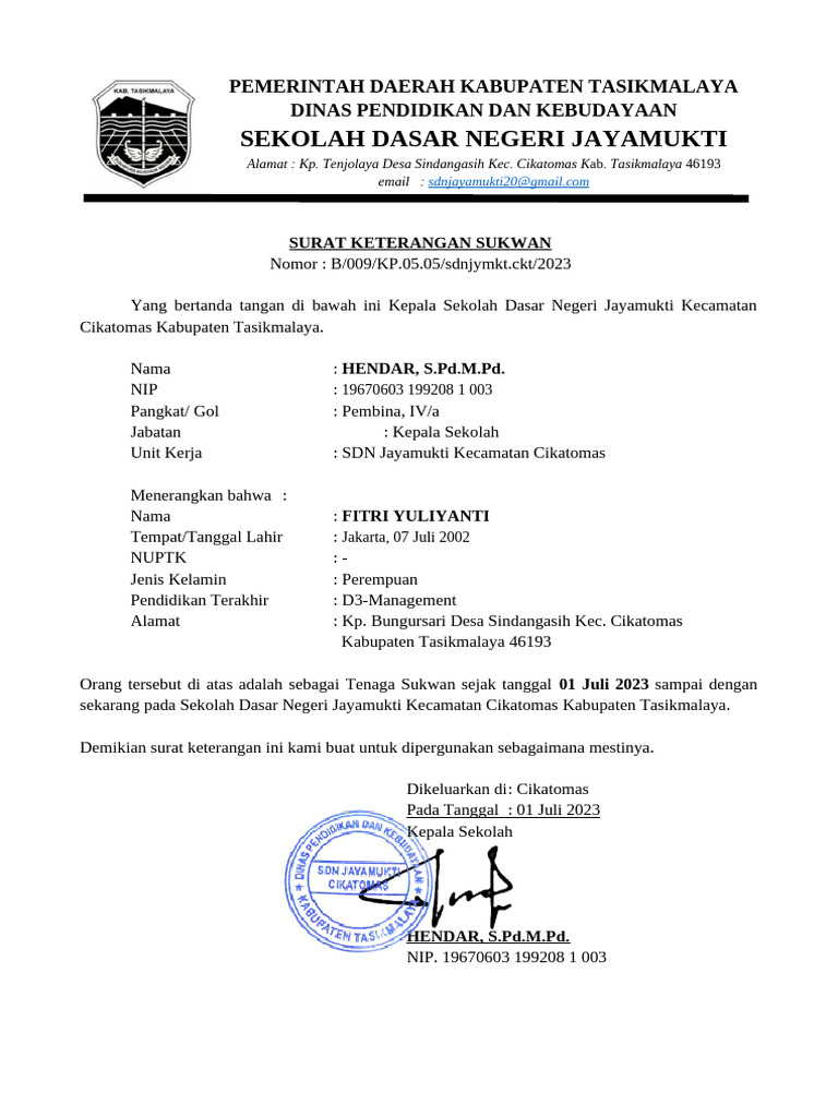Surat Keterangan Sukwan Fitri Yuliyanti Pdf