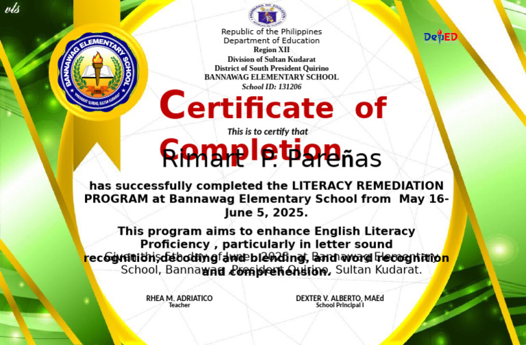 Literacy Remediation Program Certificate | PDF