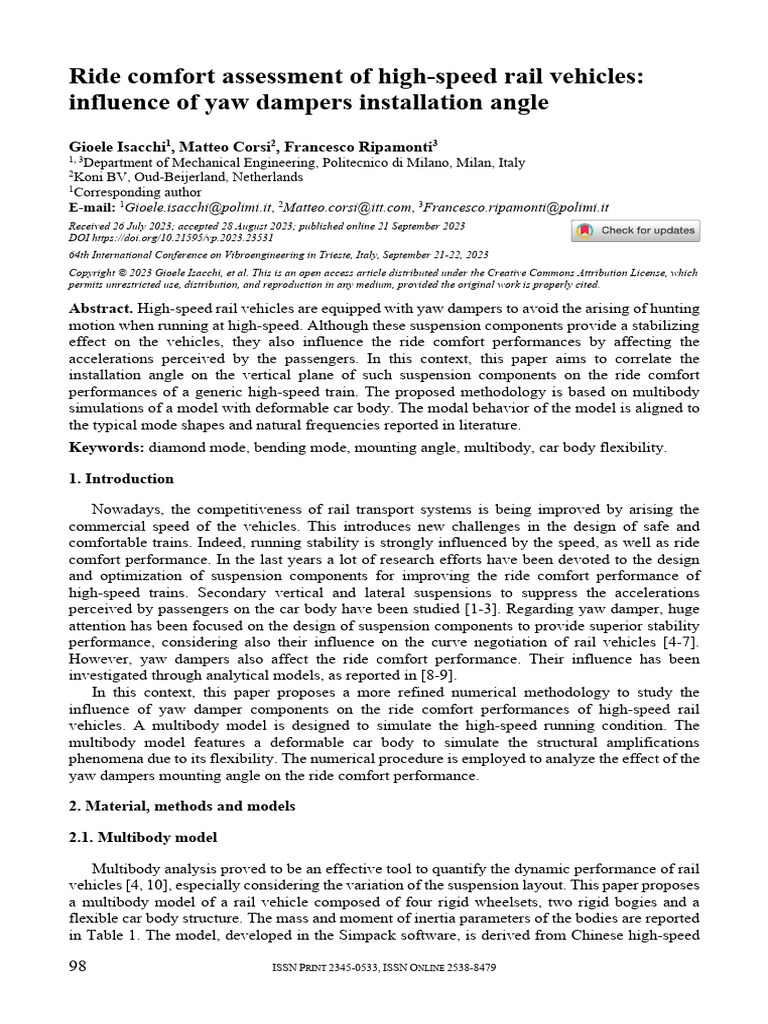 Yaw Dampers' Impact on Rail Ride Comfort | PDF | Mechanics | Mechanical ...