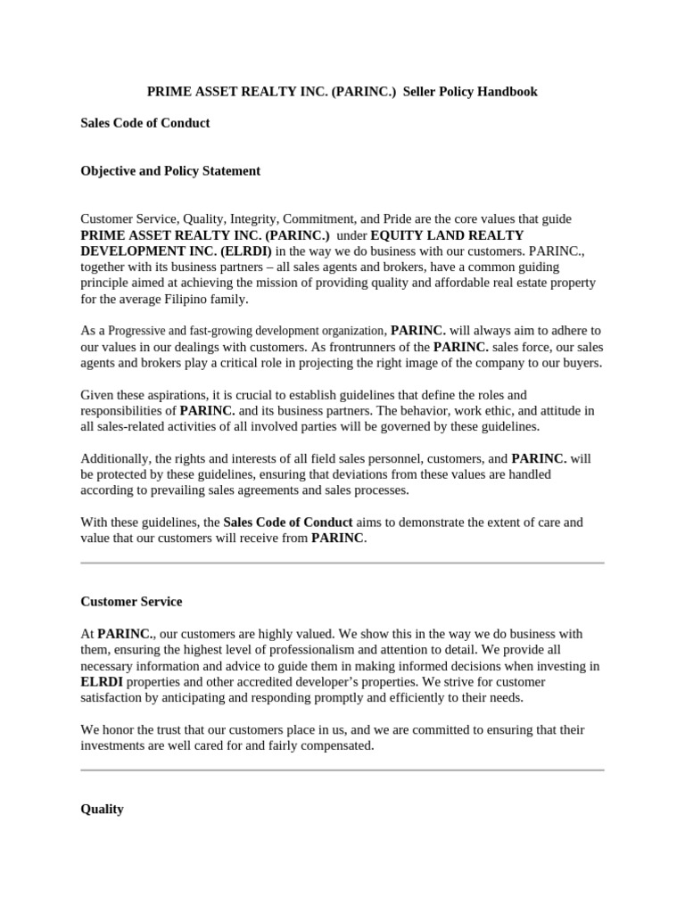 Prime Asset Realty Inc. Policy Handbook | PDF | Integrity | Sales