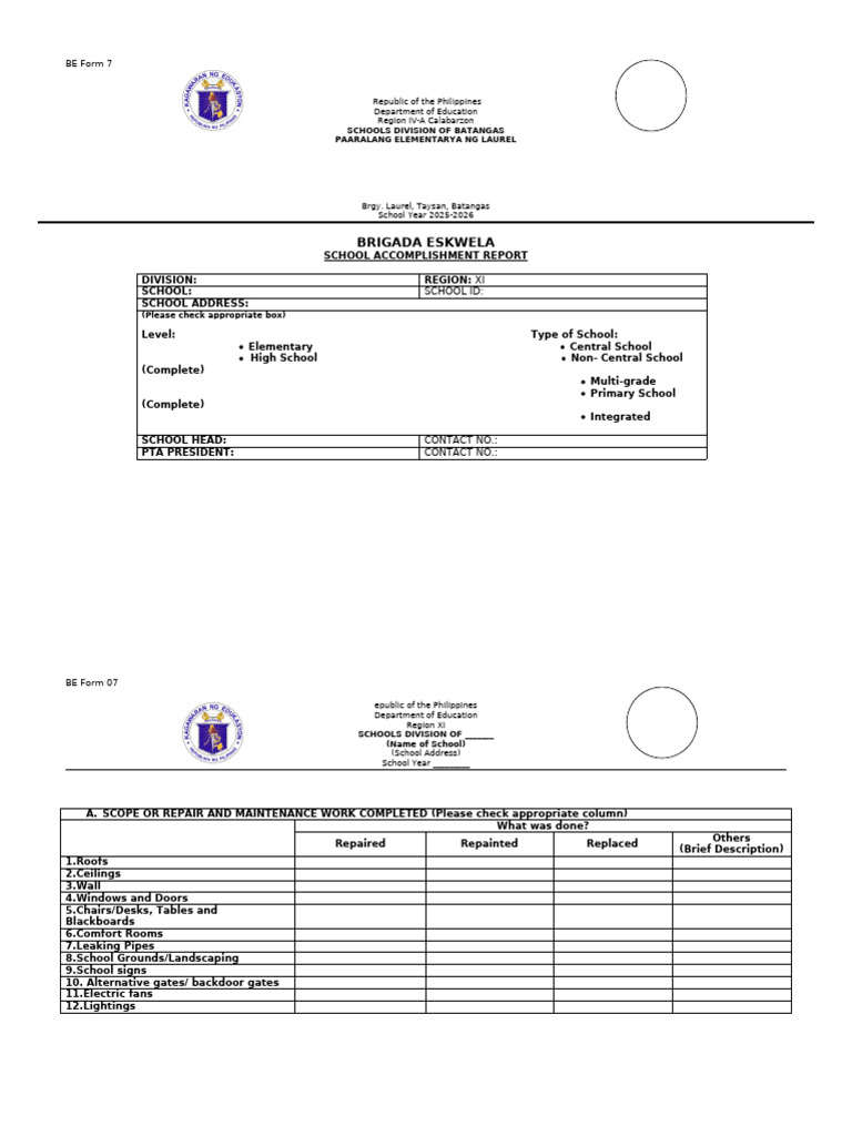 Brigada Eskwela Accomplishment Report | PDF