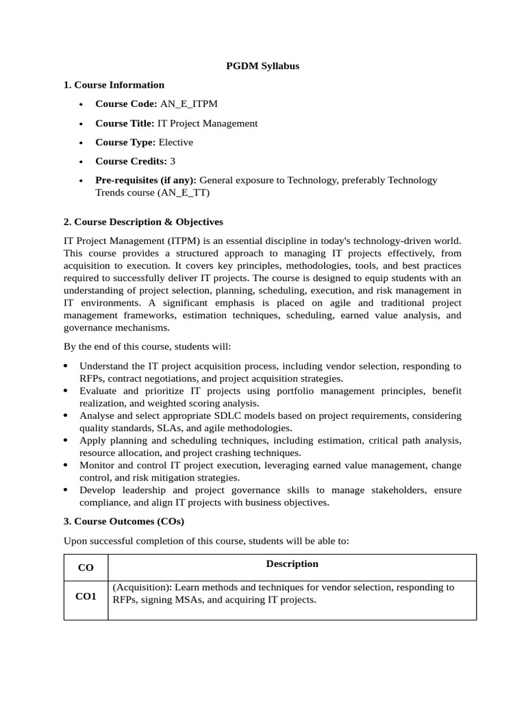IT Project Management Course Syllabus | PDF | Project Management ...