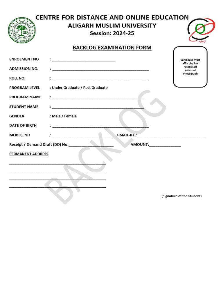 Backlog Examination Form 2024-25 AMU | PDF