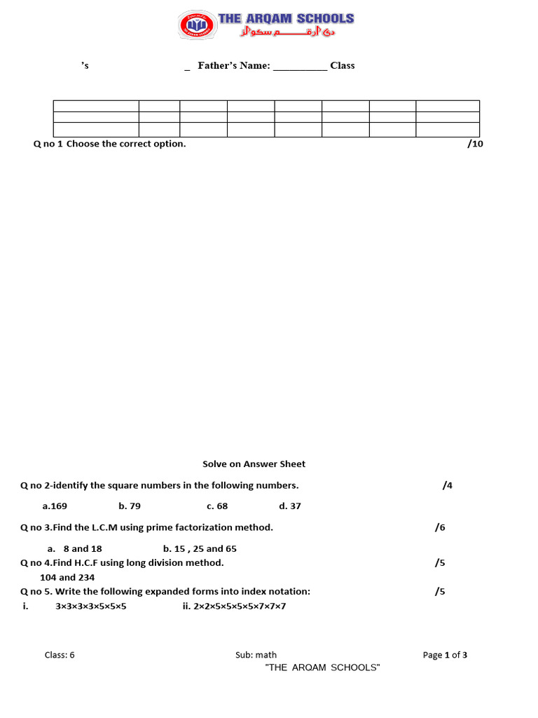 Class 6 Monthly Math Test Paper | PDF | Numbers | Mathematical Objects