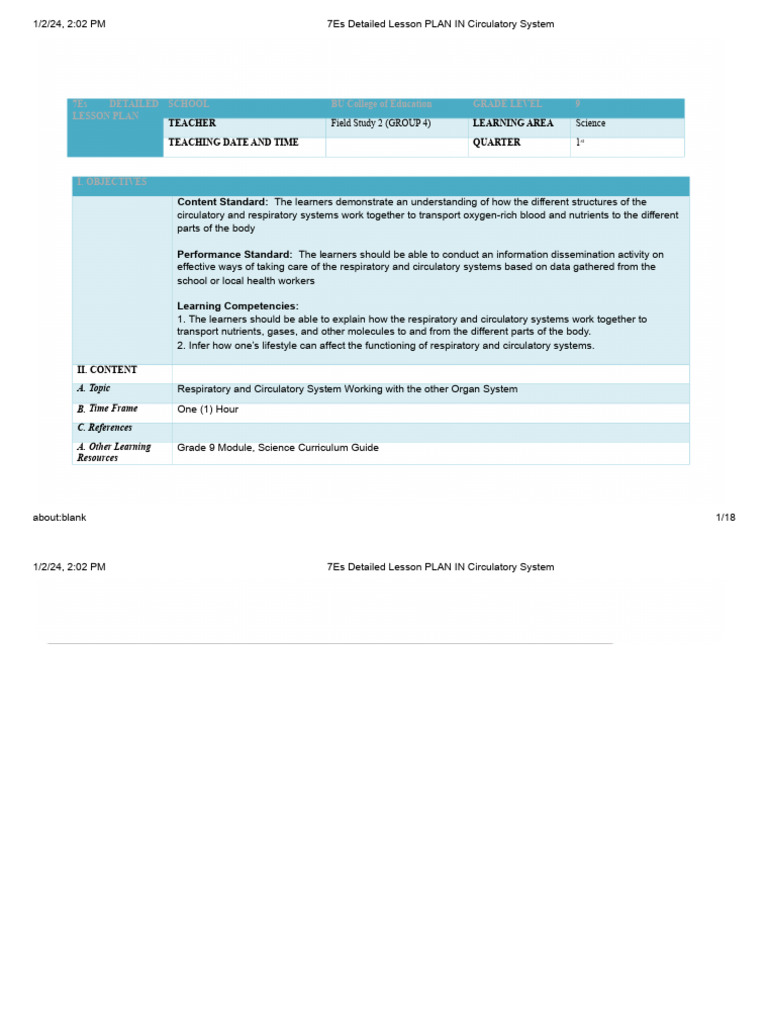 7es Detailed Lesson PLAN IN Circulatory System PDF | PDF | Heart ...