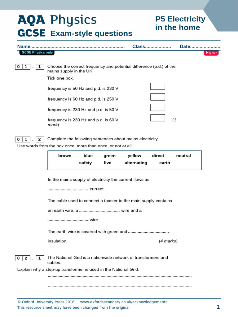 P5 Electricity in The Home Questions | PDF | Mains Electricity ...
