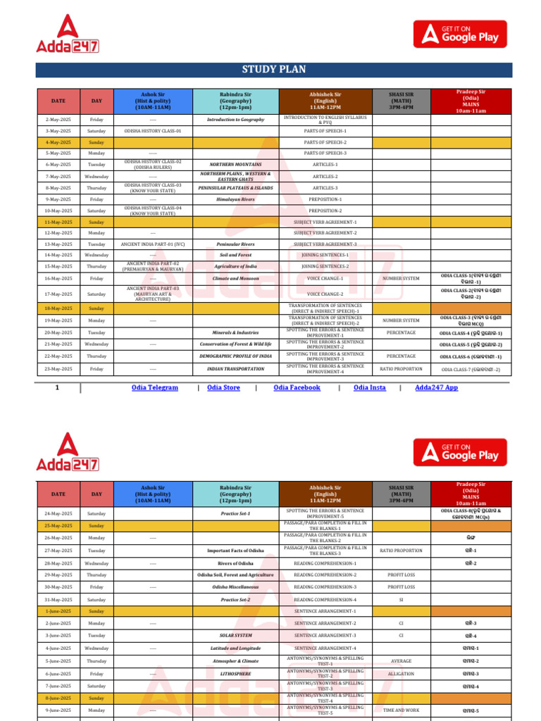 Study Plan: Date DAY Ashok Sir (Hist & Polity) (10AM-11AM) Rabindra Sir ...