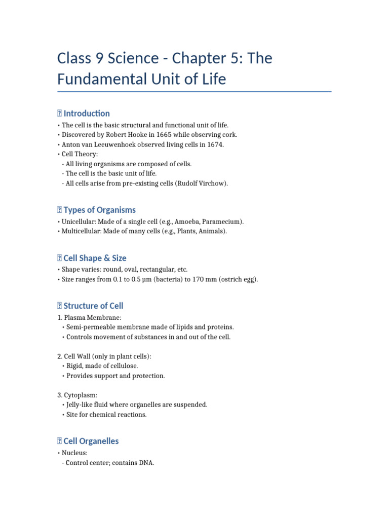 Class 9 Sci CH 5 Fundamental Unit of Life Notes | PDF | Cell (Biology ...