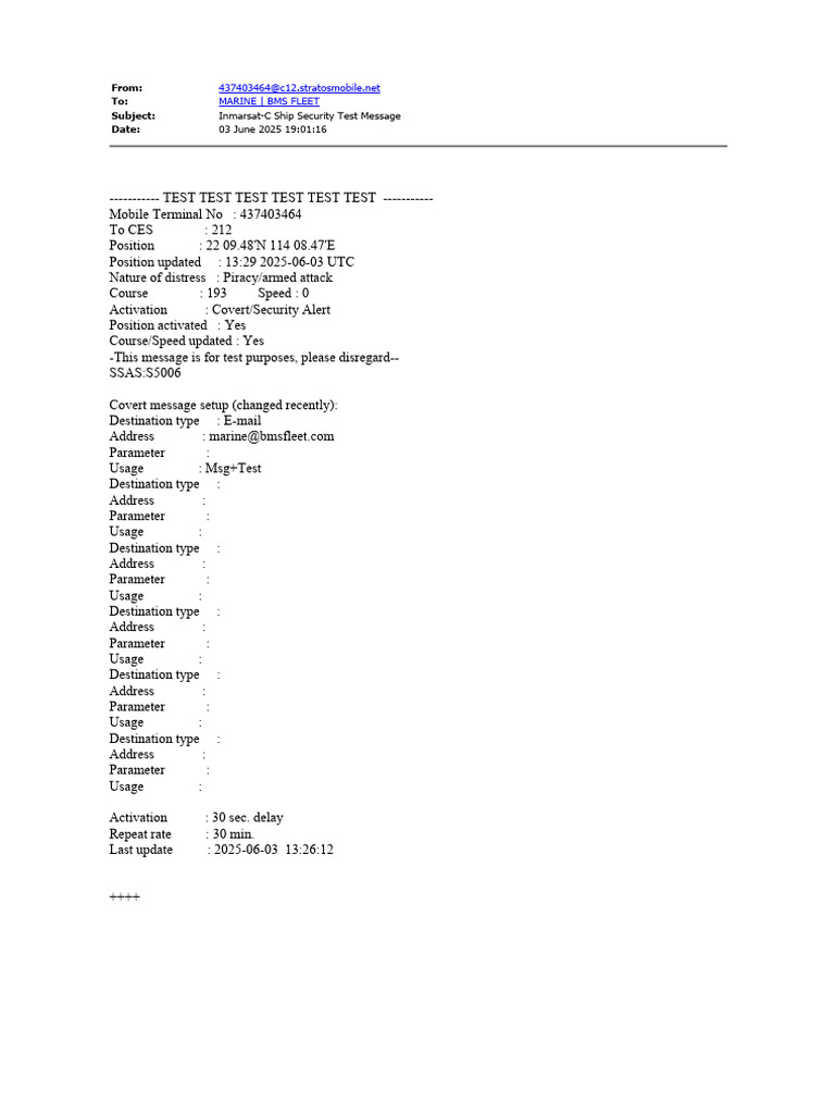 Inmarsat-C Ship Security Test Alert | PDF