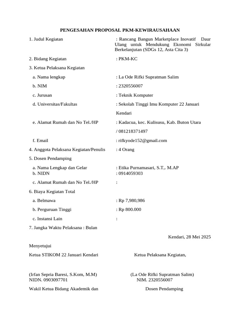 Pengesahan Proposal PKM | PDF