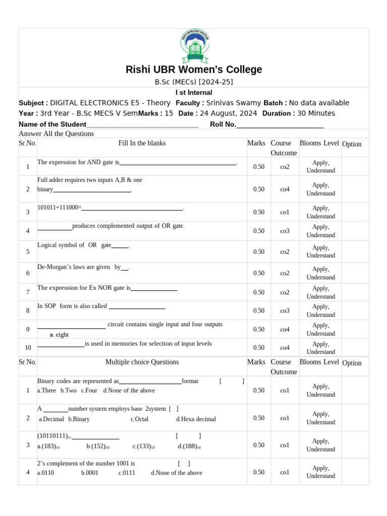 E5 Ist Internal paper1 | PDF | Logic Gate | Digital Electronics